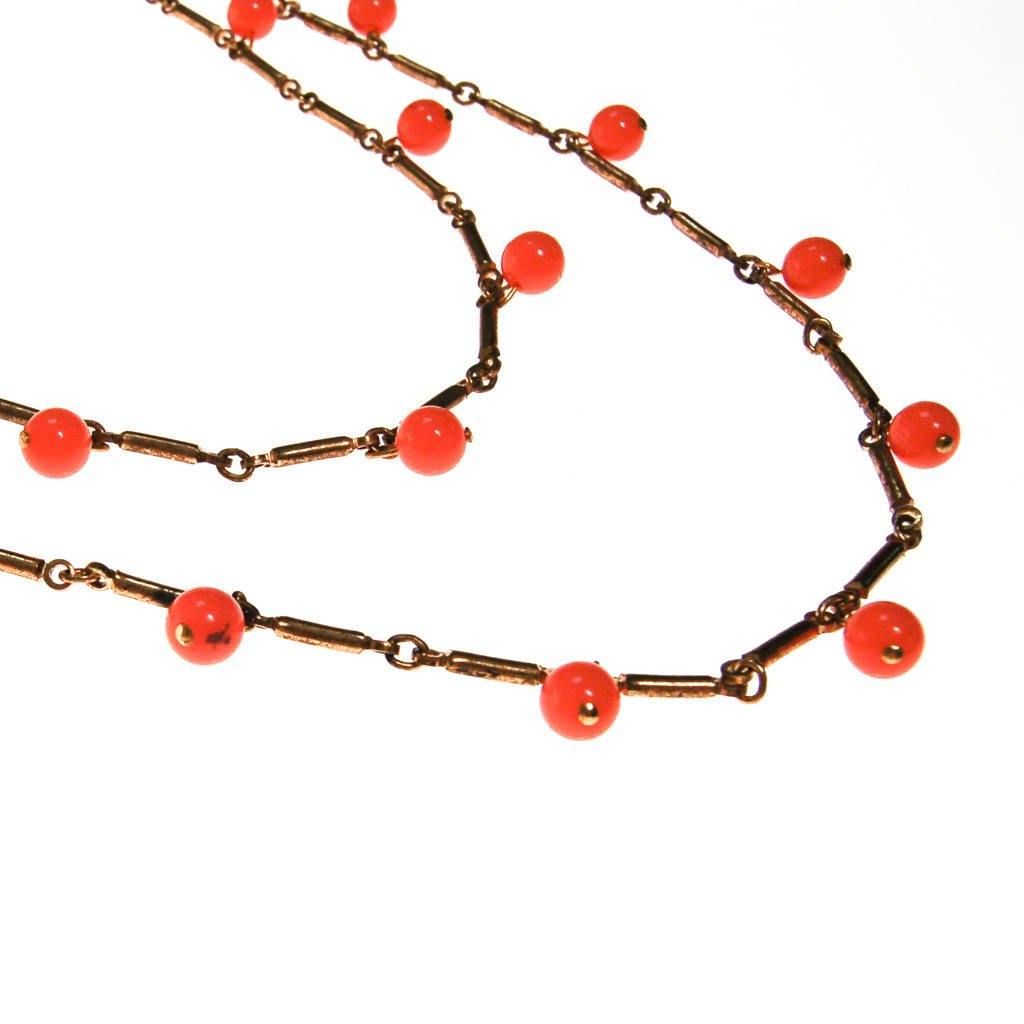 Long Gold Necklace with Coral Orange Beads that Dangle