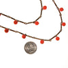 Long Gold Necklace with Coral Orange Beads that Dangle by unsigned - Vintage Meet Modern Vintage Jewelry - Chicago, Illinois - #oldhollywoodglamour #vintagemeetmodern #designervintage #jewelrybox #antiquejewelry #vintagejewelry