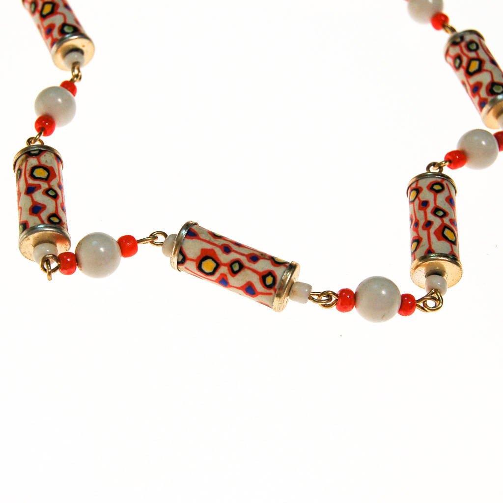 Mod Colorful Tube Bead Necklace, White, Orange, Blue, Yellow by 1960s - Vintage Meet Modern Vintage Jewelry - Chicago, Illinois - #oldhollywoodglamour #vintagemeetmodern #designervintage #jewelrybox #antiquejewelry #vintagejewelry
