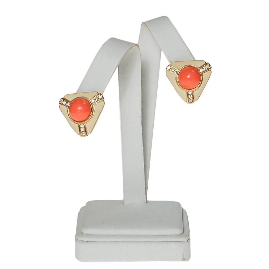 Coral Cabochon, Cream Enamel, Rhinestone Earrings by 1980s - Vintage Meet Modern Vintage Jewelry - Chicago, Illinois - #oldhollywoodglamour #vintagemeetmodern #designervintage #jewelrybox #antiquejewelry #vintagejewelry