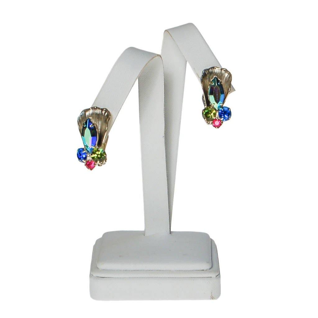 Colorful Rhinestone Earrings with Blue Aurora Borealis, Green, Pink, Rhinestones, 1950s, 1960s Era by Mid Century Modern - Vintage Meet Modern Vintage Jewelry - Chicago, Illinois - #oldhollywoodglamour #vintagemeetmodern #designervintage #jewelrybox #antiquejewelry #vintagejewelry