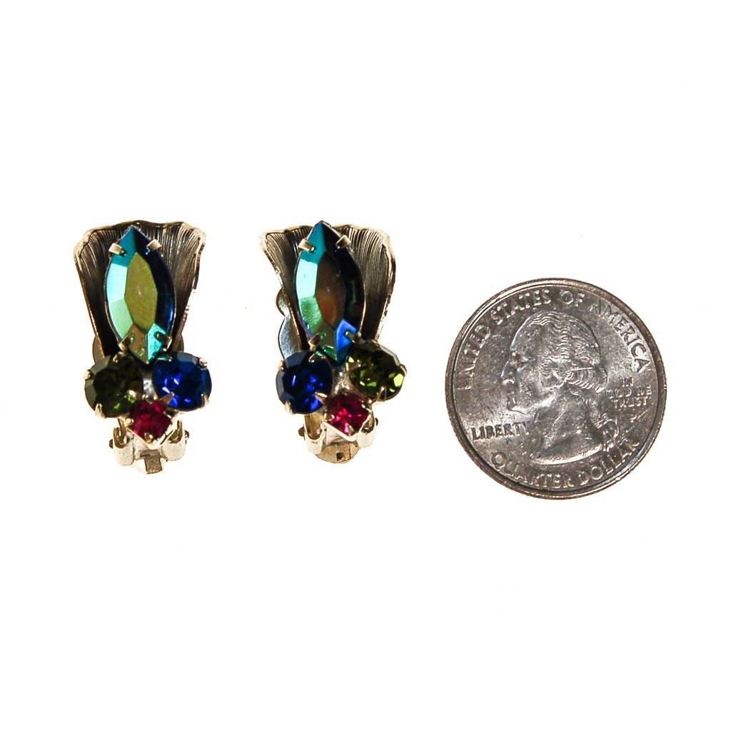 Colorful Rhinestone Earrings with Blue Aurora Borealis, Green, Pink, Rhinestones, 1950s, 1960s Era by Mid Century Modern - Vintage Meet Modern Vintage Jewelry - Chicago, Illinois - #oldhollywoodglamour #vintagemeetmodern #designervintage #jewelrybox #antiquejewelry #vintagejewelry