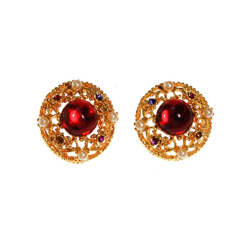 Royal Colors Rhinestone Earrings, Round Gold, Red, Sapphire Blue, Citrine, Amethyst Rhinestones, Faux Seed Pearls by unsigned - Vintage Meet Modern Vintage Jewelry - Chicago, Illinois - #oldhollywoodglamour #vintagemeetmodern #designervintage #jewelrybox #antiquejewelry #vintagejewelry