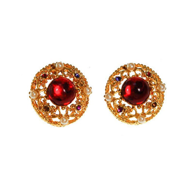 Royal Colors Rhinestone Earrings, Round Gold, Red, Sapphire Blue, Citrine, Amethyst Rhinestones, Faux Seed Pearls by unsigned - Vintage Meet Modern Vintage Jewelry - Chicago, Illinois - #oldhollywoodglamour #vintagemeetmodern #designervintage #jewelrybox #antiquejewelry #vintagejewelry