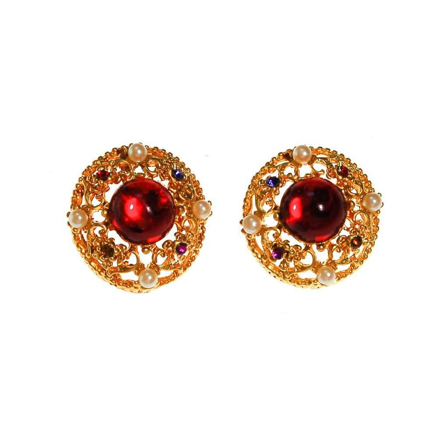 Royal Colors Rhinestone Earrings, Round Gold, Red, Sapphire Blue, Citrine, Amethyst Rhinestones, Faux Seed Pearls by unsigned - Vintage Meet Modern Vintage Jewelry - Chicago, Illinois - #oldhollywoodglamour #vintagemeetmodern #designervintage #jewelrybox #antiquejewelry #vintagejewelry