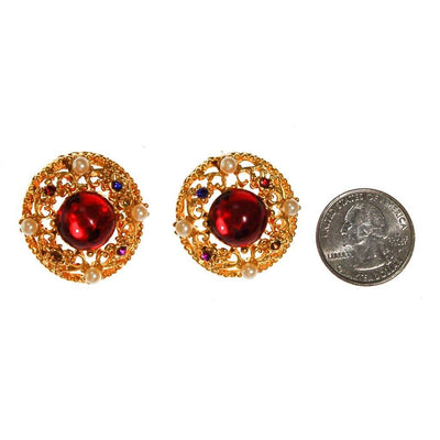 Royal Colors Rhinestone Earrings, Round Gold, Red, Sapphire Blue, Citrine, Amethyst Rhinestones, Faux Seed Pearls by unsigned - Vintage Meet Modern Vintage Jewelry - Chicago, Illinois - #oldhollywoodglamour #vintagemeetmodern #designervintage #jewelrybox #antiquejewelry #vintagejewelry
