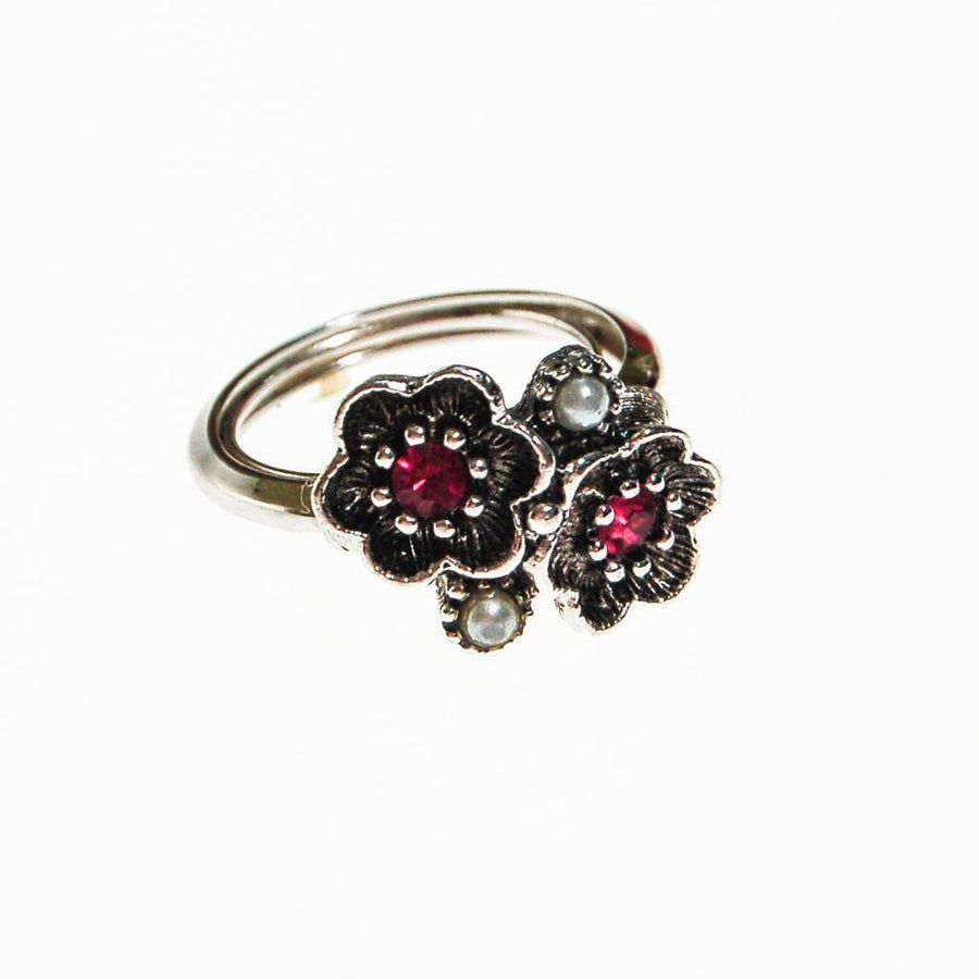 Avon Silver Flower Adjustable Ring with Pink Rhinestones and Faux Pearls, Silver Tone by unsigned - Vintage Meet Modern Vintage Jewelry - Chicago, Illinois - #oldhollywoodglamour #vintagemeetmodern #designervintage #jewelrybox #antiquejewelry #vintagejewelry