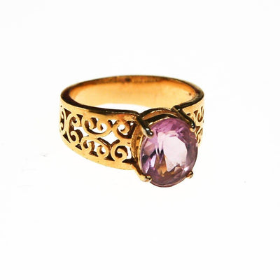 Oval Amethyst Ring, 18kt Gold Plated Band, Filigree Detail by unsigned - Vintage Meet Modern Vintage Jewelry - Chicago, Illinois - #oldhollywoodglamour #vintagemeetmodern #designervintage #jewelrybox #antiquejewelry #vintagejewelry