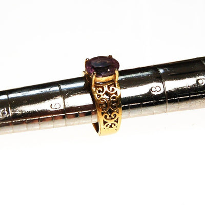 Oval Amethyst Ring, 18kt Gold Plated Band, Filigree Detail by unsigned - Vintage Meet Modern Vintage Jewelry - Chicago, Illinois - #oldhollywoodglamour #vintagemeetmodern #designervintage #jewelrybox #antiquejewelry #vintagejewelry
