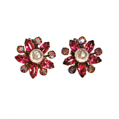 Pink Rhinestone and Pearl Flower Earrings by 1950s - Vintage Meet Modern Vintage Jewelry - Chicago, Illinois - #oldhollywoodglamour #vintagemeetmodern #designervintage #jewelrybox #antiquejewelry #vintagejewelry