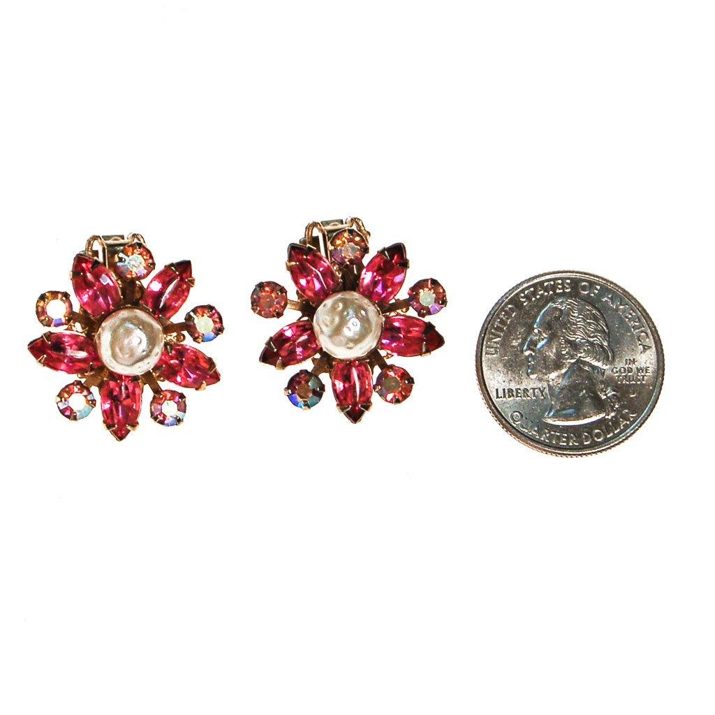 Pink Rhinestone and Pearl Flower Earrings by 1950s - Vintage Meet Modern Vintage Jewelry - Chicago, Illinois - #oldhollywoodglamour #vintagemeetmodern #designervintage #jewelrybox #antiquejewelry #vintagejewelry