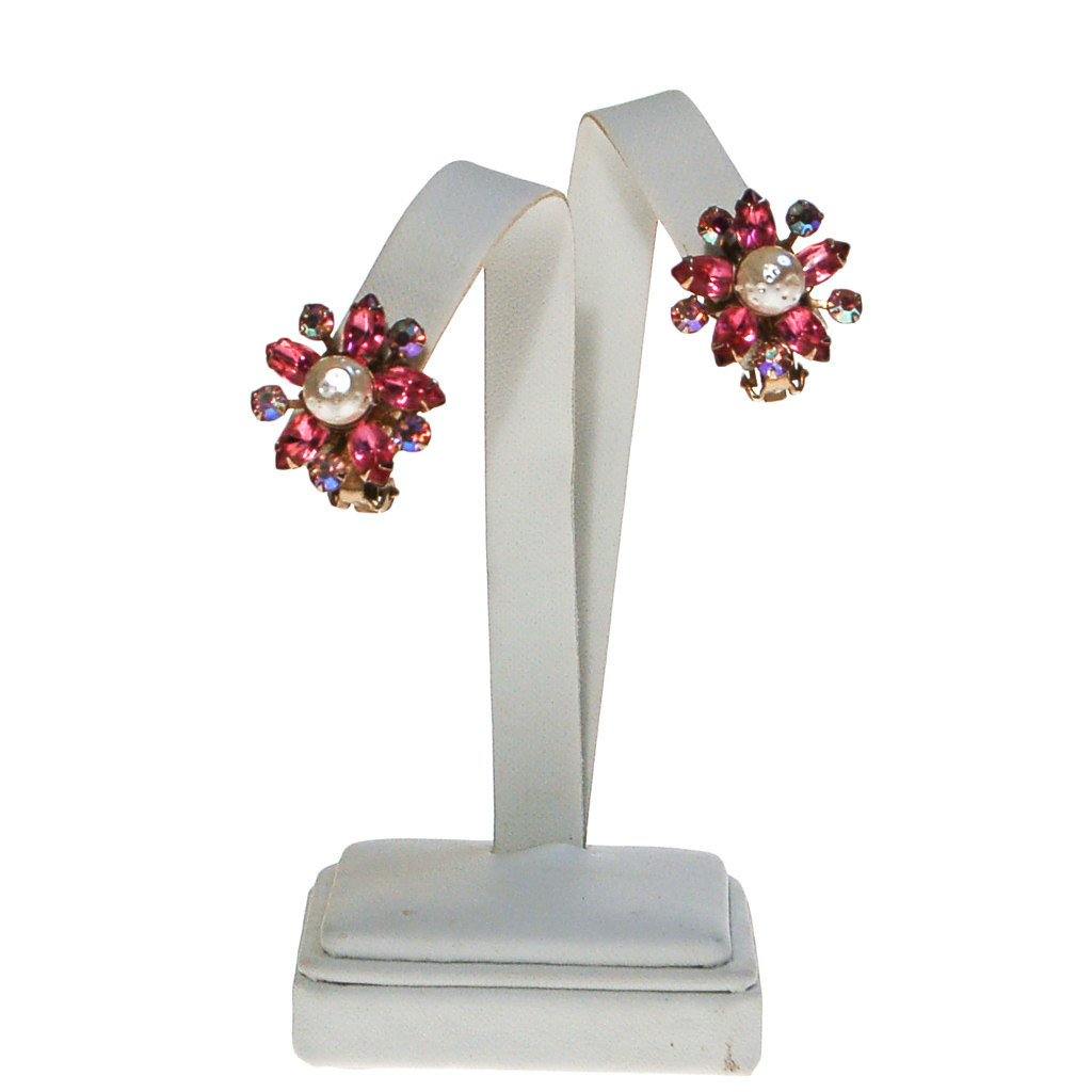 Pink Rhinestone and Pearl Flower Earrings by 1950s - Vintage Meet Modern Vintage Jewelry - Chicago, Illinois - #oldhollywoodglamour #vintagemeetmodern #designervintage #jewelrybox #antiquejewelry #vintagejewelry
