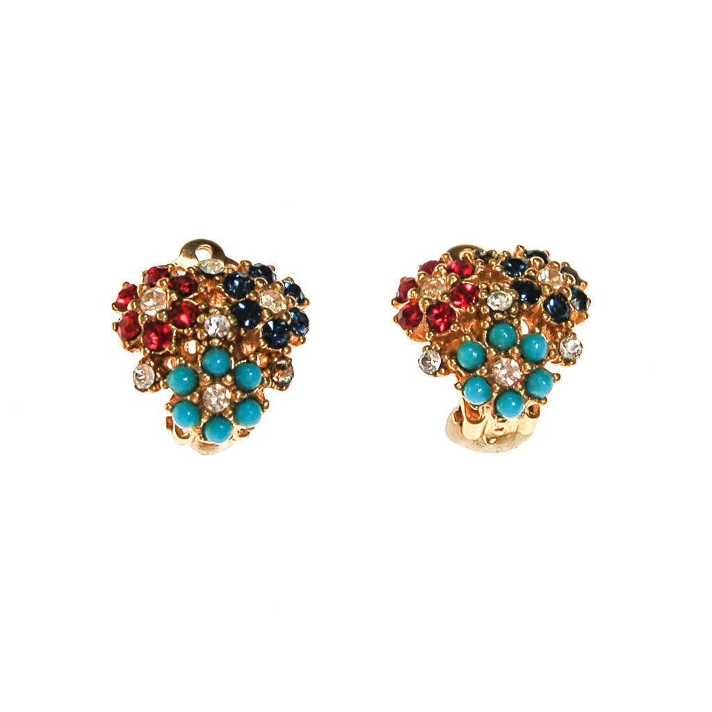 Ciner Flower Earrings, Ruby, Sapphire, Turquoise, Diamante Rhinestones by Ciner - Vintage Meet Modern Vintage Jewelry - Chicago, Illinois - #oldhollywoodglamour #vintagemeetmodern #designervintage #jewelrybox #antiquejewelry #vintagejewelry