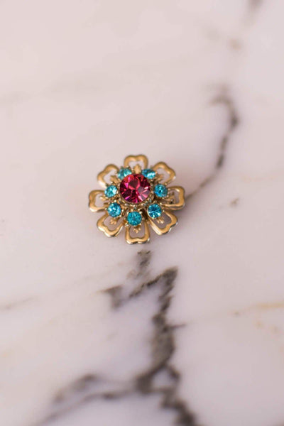 Pink and Turquoise Blue Rhinestone Flower Brooch by 1950s - Vintage Meet Modern Vintage Jewelry - Chicago, Illinois - #oldhollywoodglamour #vintagemeetmodern #designervintage #jewelrybox #antiquejewelry #vintagejewelry