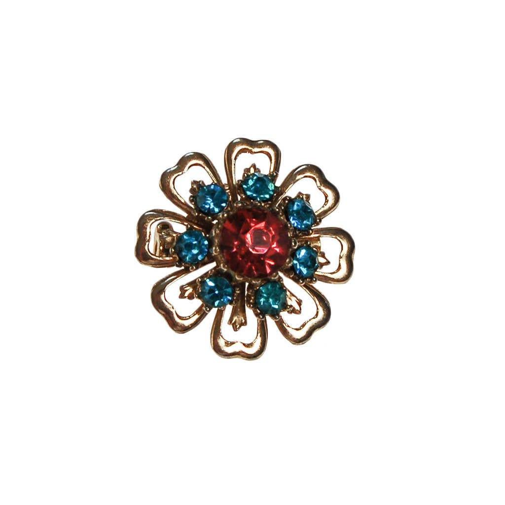Pink and Turquoise Blue Rhinestone Flower Brooch