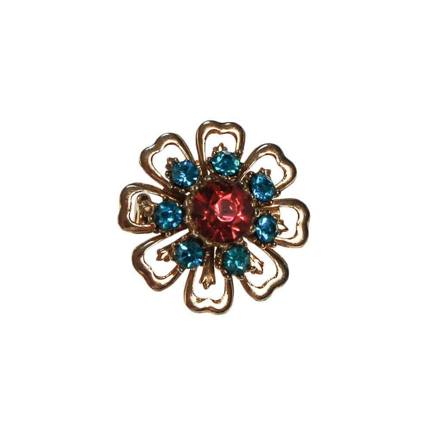 Pink and Turquoise Blue Rhinestone Flower Brooch by 1950s - Vintage Meet Modern Vintage Jewelry - Chicago, Illinois - #oldhollywoodglamour #vintagemeetmodern #designervintage #jewelrybox #antiquejewelry #vintagejewelry