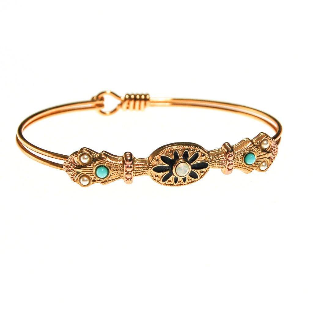 Victorian Revival Bangle Bracelet with Opal Rhinestone, Turquoise Cabochons, and Seed Pearls