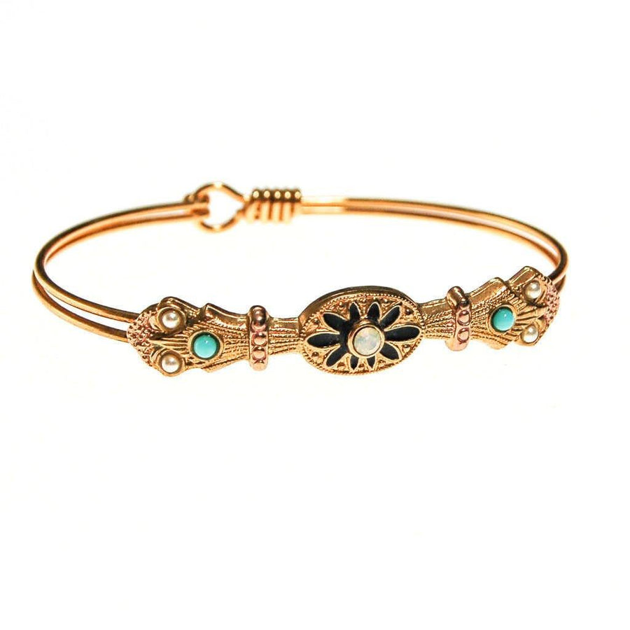 Victorian Revival Bangle Bracelet with Opal Rhinestone, Turquoise Cabochons, and Seed Pearls by Victorian Revival - Vintage Meet Modern Vintage Jewelry - Chicago, Illinois - #oldhollywoodglamour #vintagemeetmodern #designervintage #jewelrybox #antiquejewelry #vintagejewelry