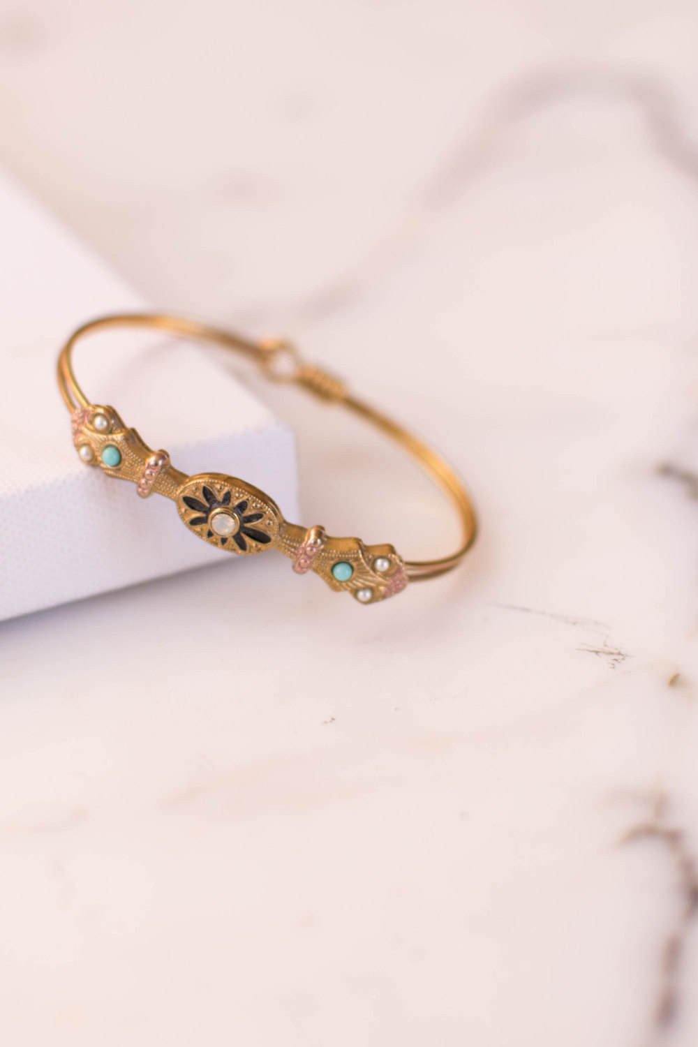 Victorian Revival Bangle Bracelet with Opal Rhinestone, Turquoise Cabochons, and Seed Pearls by Victorian Revival - Vintage Meet Modern Vintage Jewelry - Chicago, Illinois - #oldhollywoodglamour #vintagemeetmodern #designervintage #jewelrybox #antiquejewelry #vintagejewelry