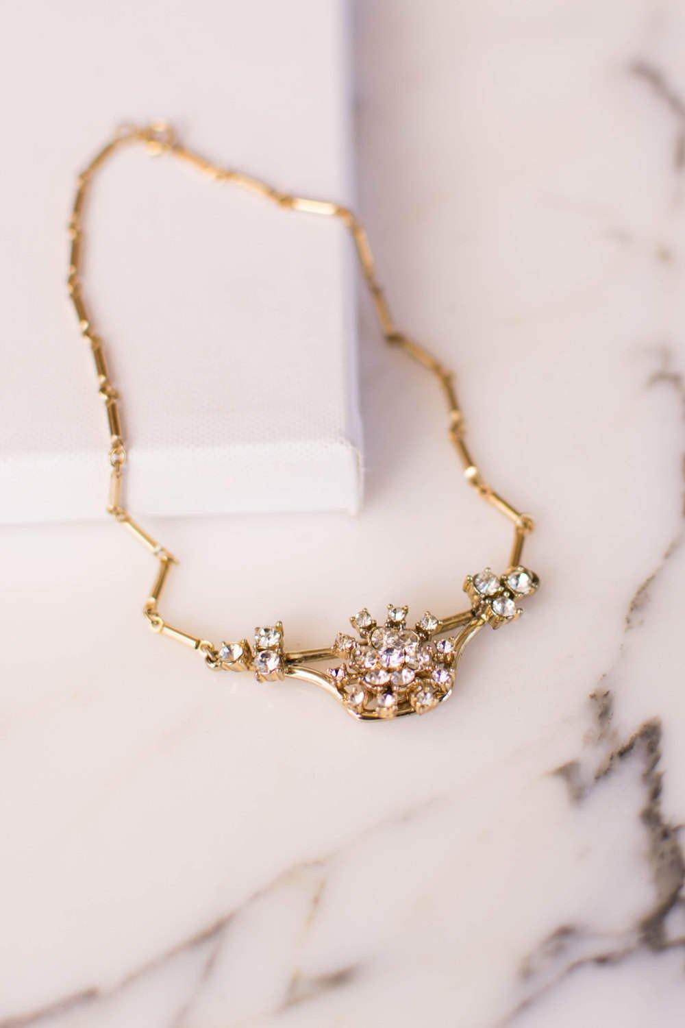Vintage Rhinestone Pendant Necklace in Gold Tone by 1950s - Vintage Meet Modern Vintage Jewelry - Chicago, Illinois - #oldhollywoodglamour #vintagemeetmodern #designervintage #jewelrybox #antiquejewelry #vintagejewelry