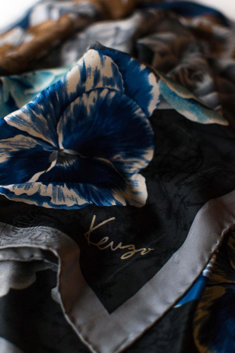 Kenzo Floral Silk Scarf, Gray, Black, White, Tan, Blue, Square Shape by Kenzo - Vintage Meet Modern Vintage Jewelry - Chicago, Illinois - #oldhollywoodglamour #vintagemeetmodern #designervintage #jewelrybox #antiquejewelry #vintagejewelry