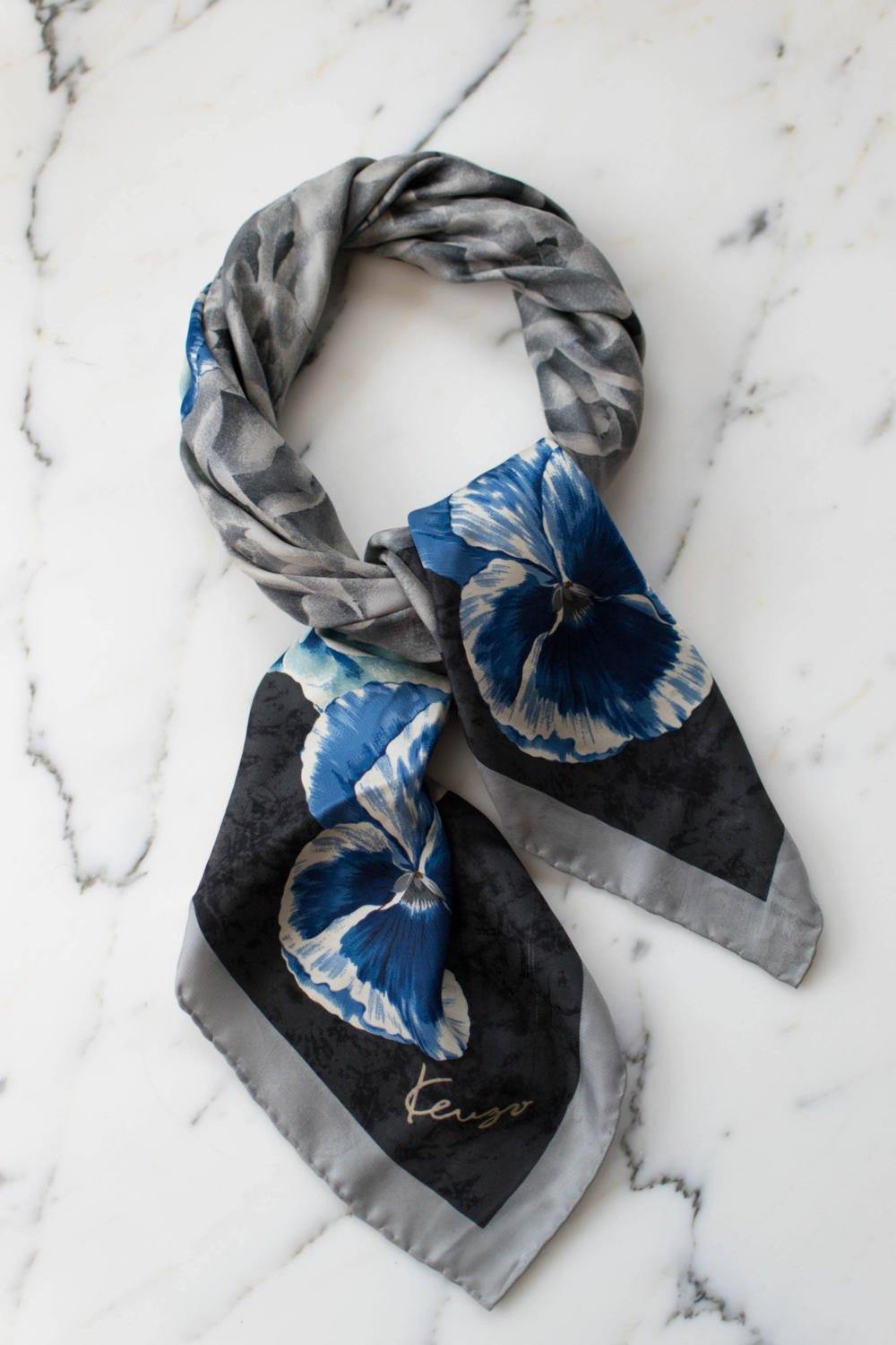 Kenzo Floral Silk Scarf, Gray, Black, White, Tan, Blue, Square Shape