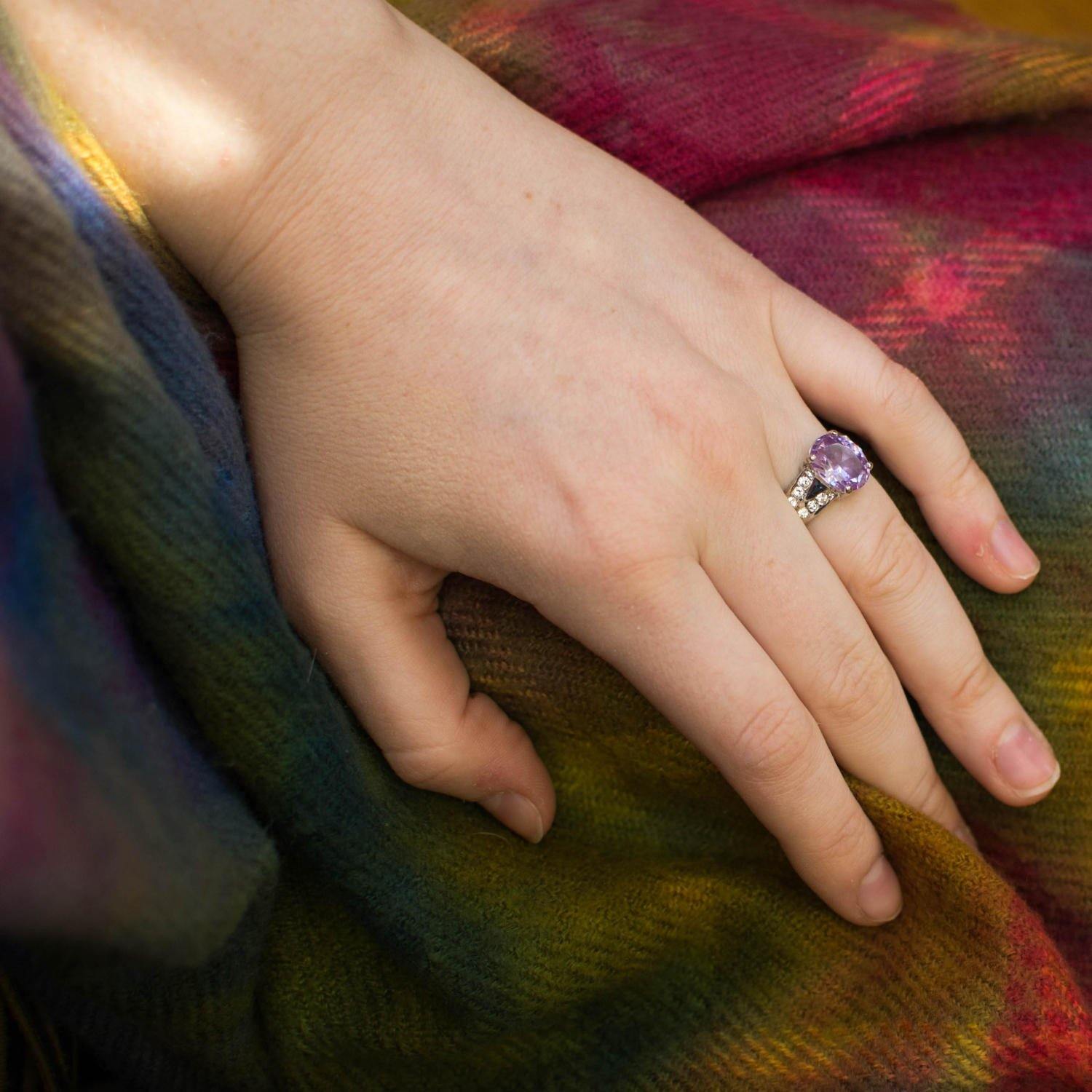 Iolite Oval Solitaire Ring with Pave Cubic Ziroconia Accents set in Silver Tone by Iolite - Vintage Meet Modern Vintage Jewelry - Chicago, Illinois - #oldhollywoodglamour #vintagemeetmodern #designervintage #jewelrybox #antiquejewelry #vintagejewelry