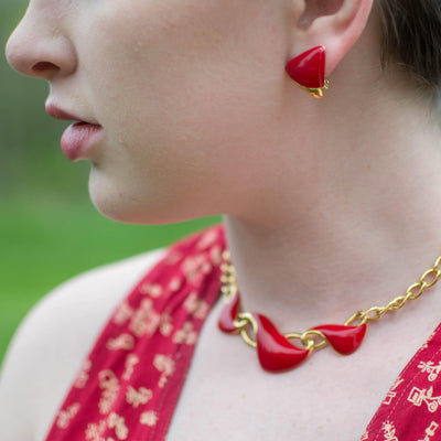 Monet Red and Gold Triangle Clip Earrings, Designer Vintage Jewelry by Monet - Vintage Meet Modern Vintage Jewelry - Chicago, Illinois - #oldhollywoodglamour #vintagemeetmodern #designervintage #jewelrybox #antiquejewelry #vintagejewelry