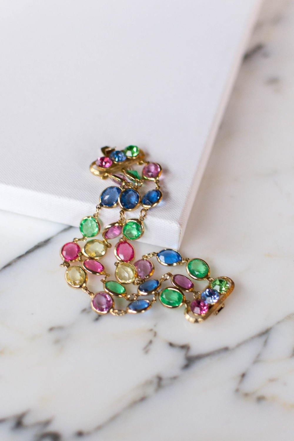 Pink, Blue, Green, Yellow Bezel Set Crystal Bracelet by Unsigned Beauty - Vintage Meet Modern Vintage Jewelry - Chicago, Illinois - #oldhollywoodglamour #vintagemeetmodern #designervintage #jewelrybox #antiquejewelry #vintagejewelry