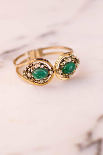 Faux Emerald and Seed Pearl Victorian Revival Clamper Bracelet by Victorian Revival - Vintage Meet Modern Vintage Jewelry - Chicago, Illinois - #oldhollywoodglamour #vintagemeetmodern #designervintage #jewelrybox #antiquejewelry #vintagejewelry