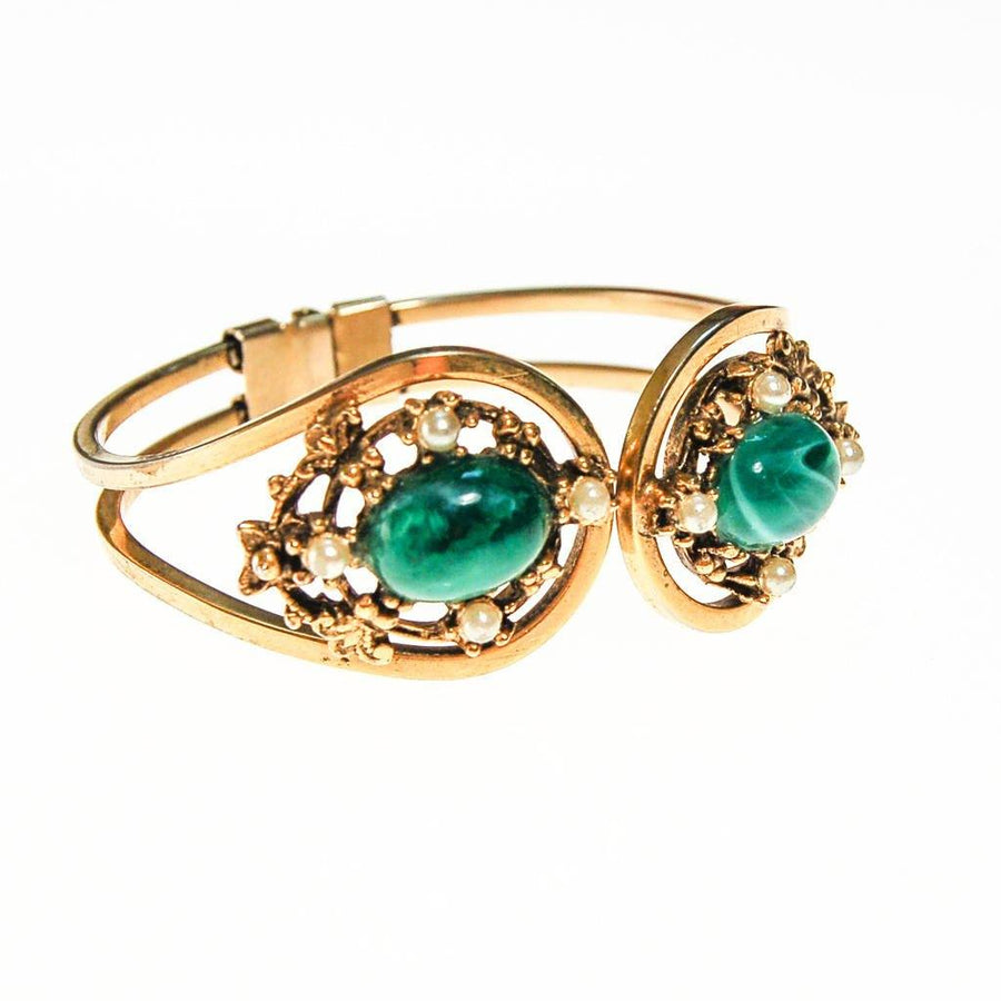 Faux Emerald and Seed Pearl Victorian Revival Clamper Bracelet by Victorian Revival - Vintage Meet Modern Vintage Jewelry - Chicago, Illinois - #oldhollywoodglamour #vintagemeetmodern #designervintage #jewelrybox #antiquejewelry #vintagejewelry