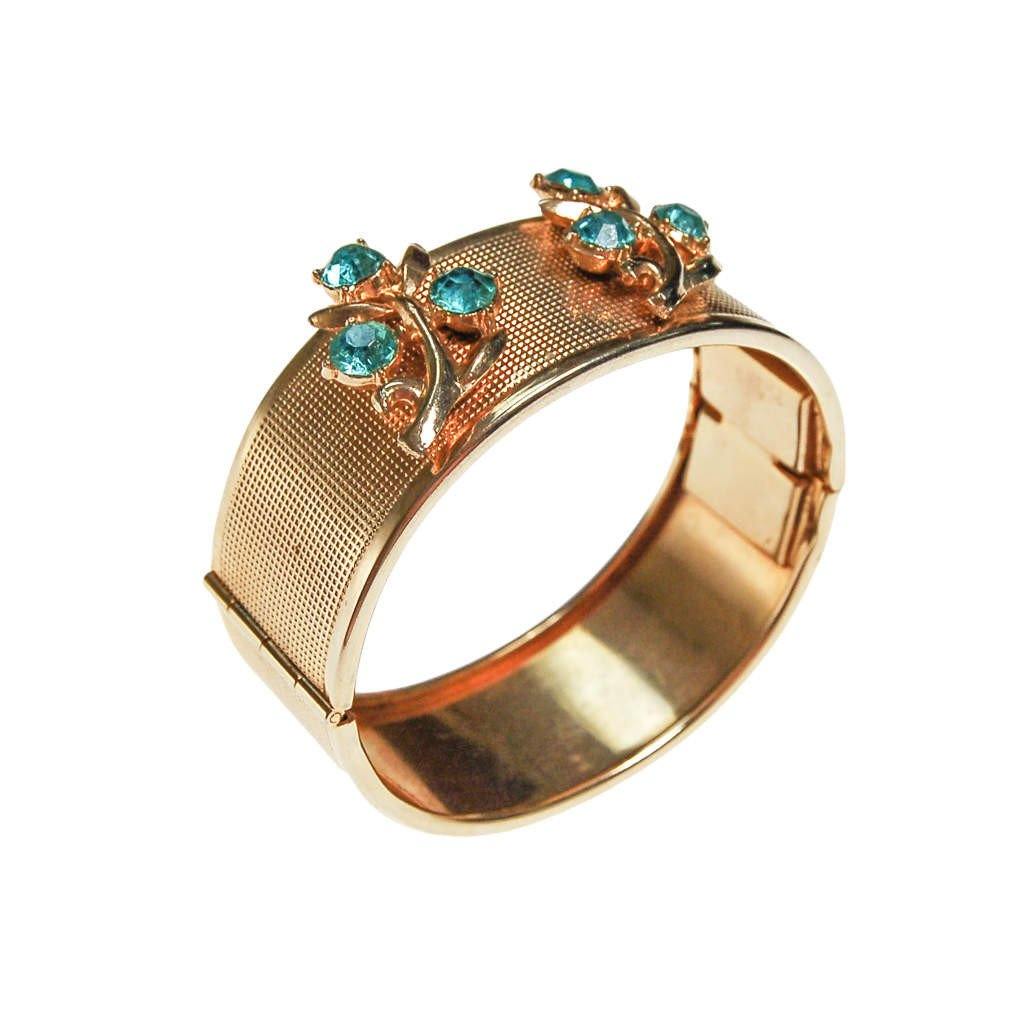 Gold Bangle Bracelet with Blue Rhinestones by Mid Century Modern - Vintage Meet Modern Vintage Jewelry - Chicago, Illinois - #oldhollywoodglamour #vintagemeetmodern #designervintage #jewelrybox #antiquejewelry #vintagejewelry