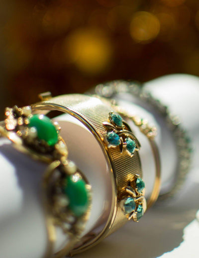 Gold Bangle Bracelet with Blue Rhinestones by Mid Century Modern - Vintage Meet Modern Vintage Jewelry - Chicago, Illinois - #oldhollywoodglamour #vintagemeetmodern #designervintage #jewelrybox #antiquejewelry #vintagejewelry