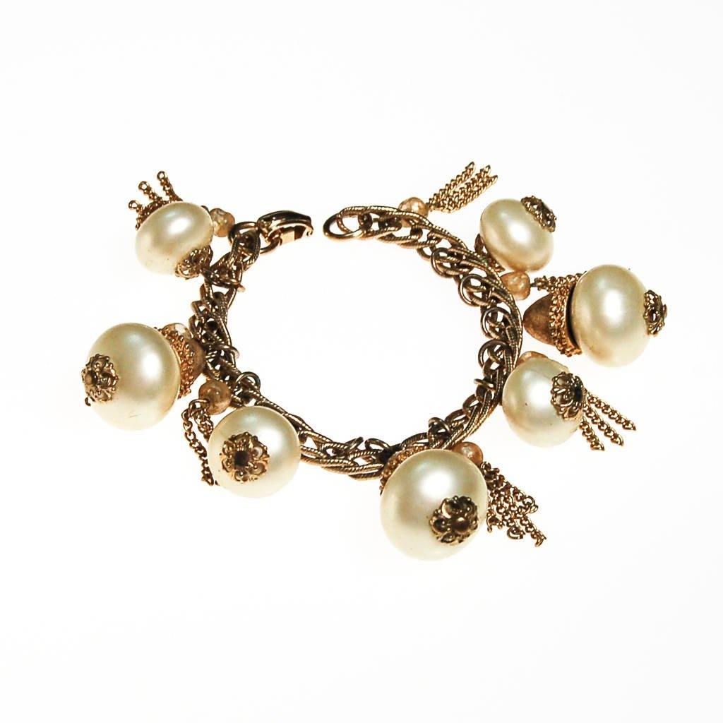 Pearl and Gold Tassel Charm Bracelet by Mid Century Modern - Vintage Meet Modern Vintage Jewelry - Chicago, Illinois - #oldhollywoodglamour #vintagemeetmodern #designervintage #jewelrybox #antiquejewelry #vintagejewelry