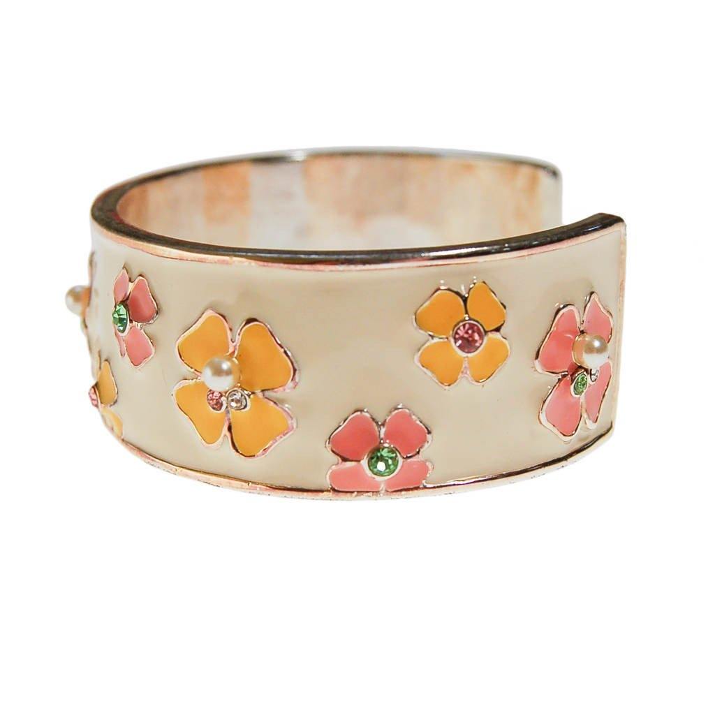 Pink and Yellow Flower White Enamel Cuff Bracelet with Rhinestones, Pearls by Unsigned Beauty - Vintage Meet Modern Vintage Jewelry - Chicago, Illinois - #oldhollywoodglamour #vintagemeetmodern #designervintage #jewelrybox #antiquejewelry #vintagejewelry