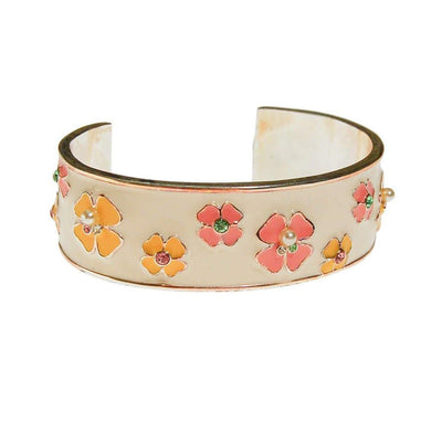 Pink and Yellow Flower White Enamel Cuff Bracelet with Rhinestones, Pearls by Unsigned Beauty - Vintage Meet Modern Vintage Jewelry - Chicago, Illinois - #oldhollywoodglamour #vintagemeetmodern #designervintage #jewelrybox #antiquejewelry #vintagejewelry