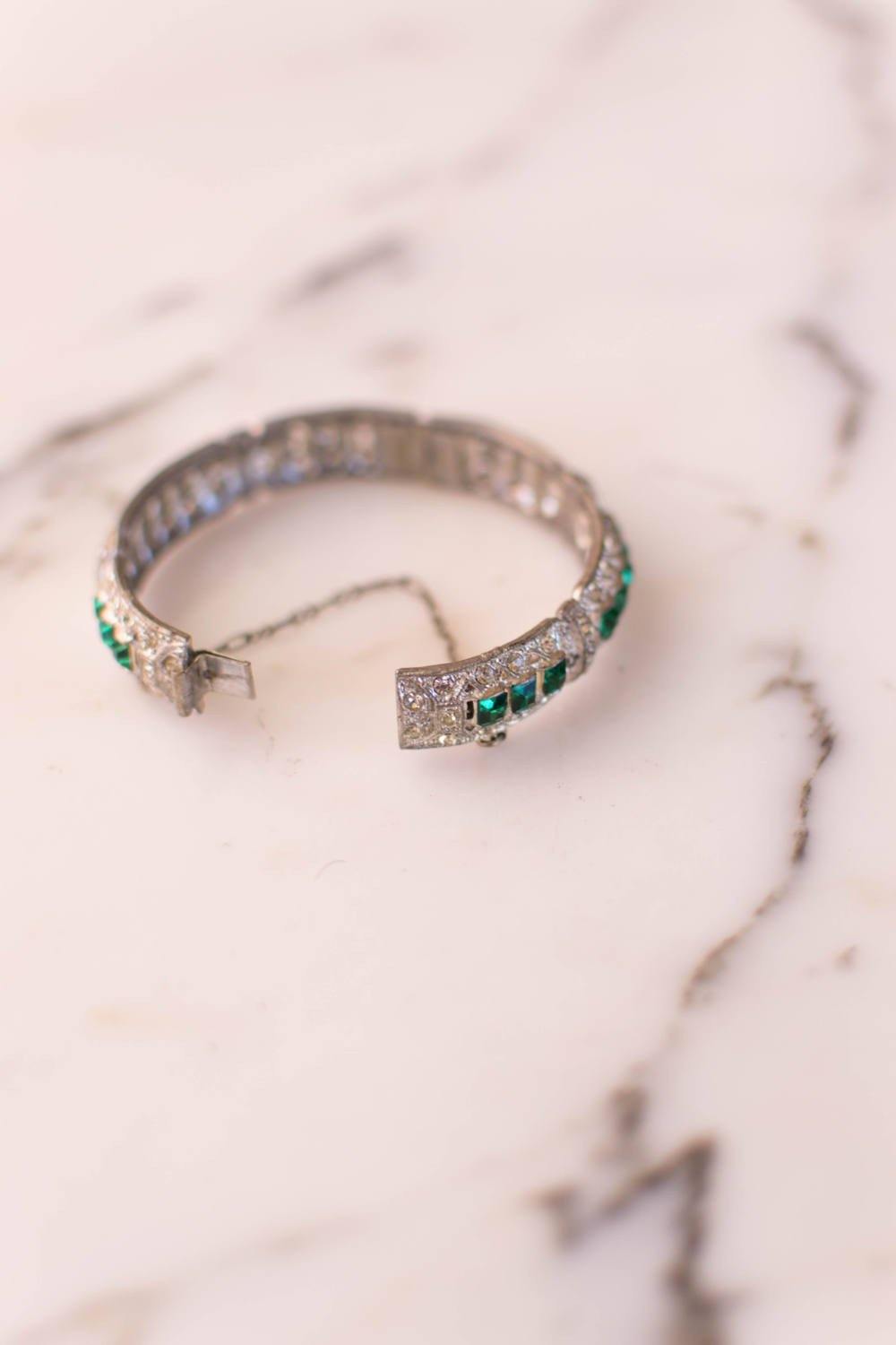 Art Deco Emerald and Diamante Paste Rhinestone Bangle Bracelet by Art Deco - Vintage Meet Modern Vintage Jewelry - Chicago, Illinois - #oldhollywoodglamour #vintagemeetmodern #designervintage #jewelrybox #antiquejewelry #vintagejewelry
