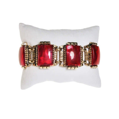 Red Thermoset Panel Bracelet Set in Antique Gold Tone by Thermoset - Vintage Meet Modern Vintage Jewelry - Chicago, Illinois - #oldhollywoodglamour #vintagemeetmodern #designervintage #jewelrybox #antiquejewelry #vintagejewelry