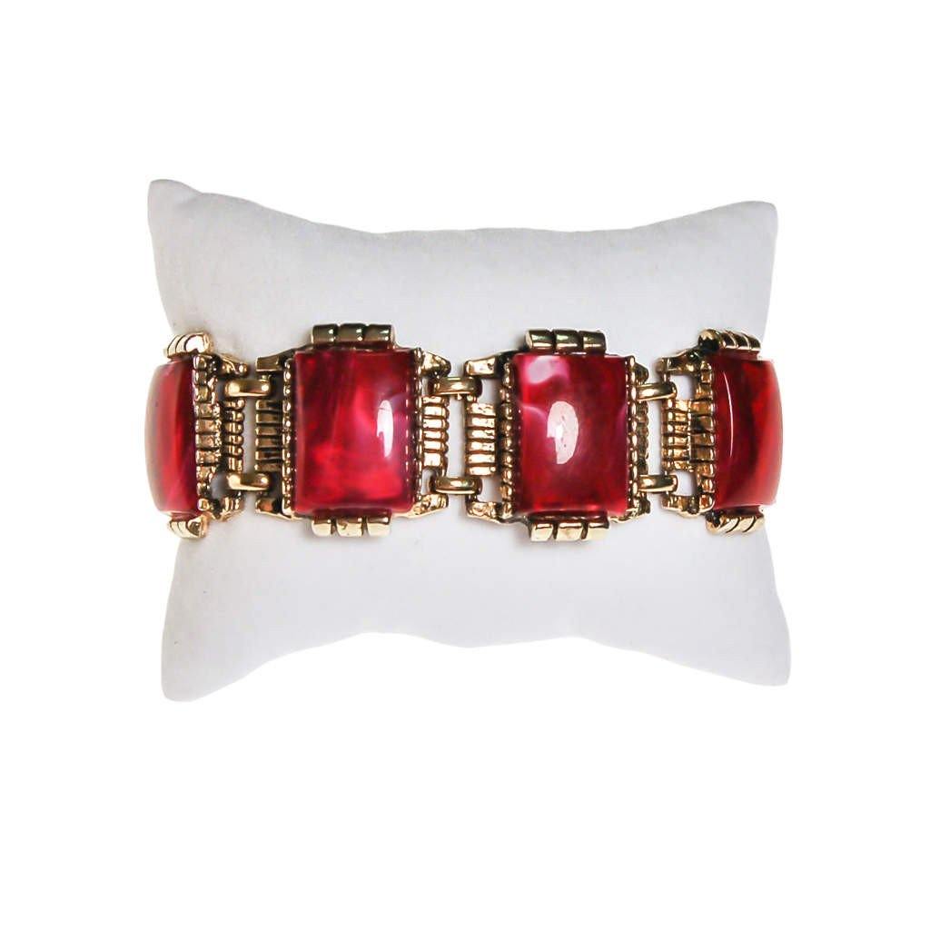 Red Thermoset Panel Bracelet Set in Antique Gold Tone