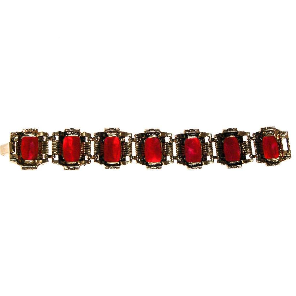 Red Thermoset Panel Bracelet Set in Antique Gold Tone by Thermoset - Vintage Meet Modern Vintage Jewelry - Chicago, Illinois - #oldhollywoodglamour #vintagemeetmodern #designervintage #jewelrybox #antiquejewelry #vintagejewelry