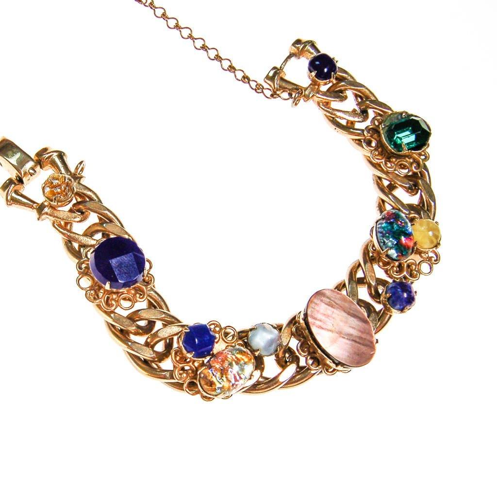 Colorful Art Glass, Rhinestone, Chain Link Bracelet