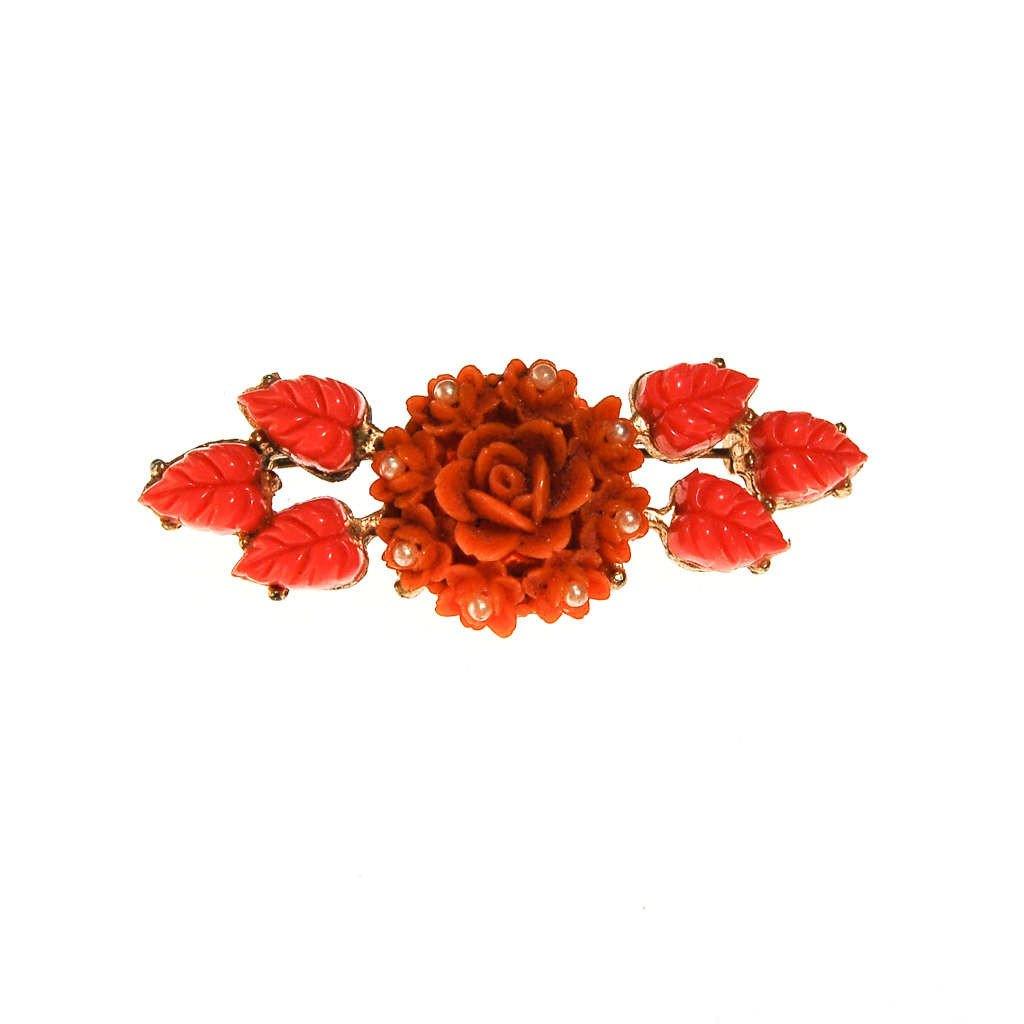 Coral and Pink Carved Celluloid Rose Brooch