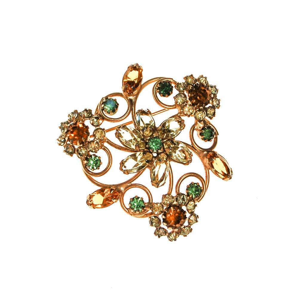 Green and Golden Yellow Rhinestone Brooch by Unsigned Beauty - Vintage Meet Modern Vintage Jewelry - Chicago, Illinois - #oldhollywoodglamour #vintagemeetmodern #designervintage #jewelrybox #antiquejewelry #vintagejewelry