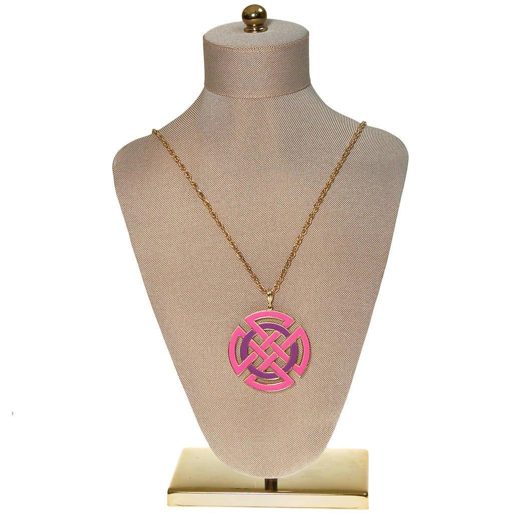 Crown Trifari Modernist Medallion Necklace, Pink, Purple, and Gold by Crown Trifari - Vintage Meet Modern Vintage Jewelry - Chicago, Illinois - #oldhollywoodglamour #vintagemeetmodern #designervintage #jewelrybox #antiquejewelry #vintagejewelry