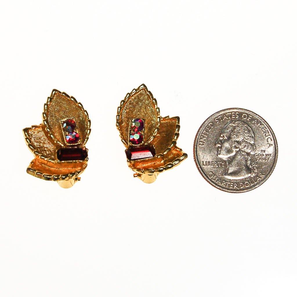 BSK Gold Leaf Earrings with Pink and Red Rhinestones, Clip On, Designer Vintage Jewelry by BSK - Vintage Meet Modern Vintage Jewelry - Chicago, Illinois - #oldhollywoodglamour #vintagemeetmodern #designervintage #jewelrybox #antiquejewelry #vintagejewelry