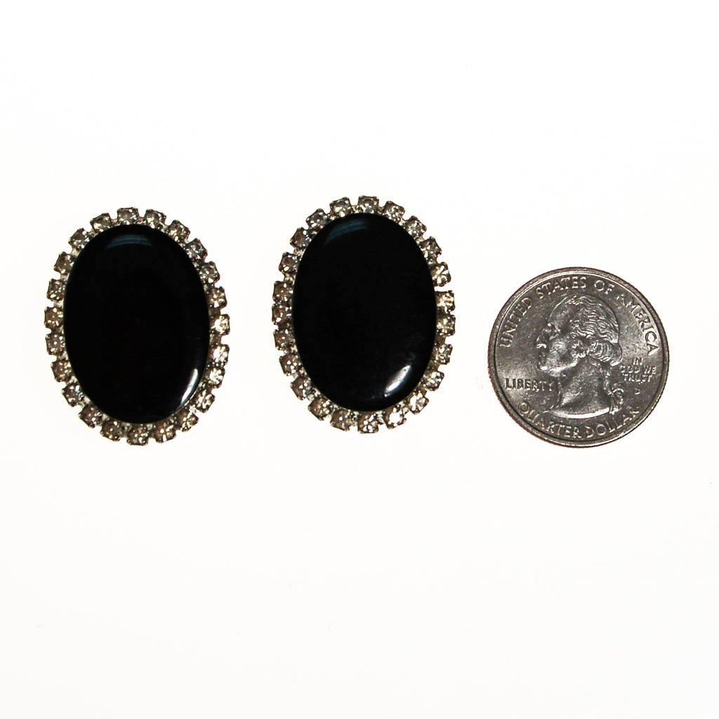 Jet Black and Rhinestone Clip On Earrings, Oval Shape, Designer Vintage Jewelry by unsigned - Vintage Meet Modern Vintage Jewelry - Chicago, Illinois - #oldhollywoodglamour #vintagemeetmodern #designervintage #jewelrybox #antiquejewelry #vintagejewelry