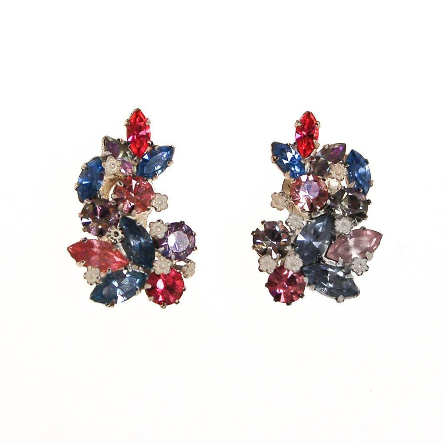 Pastel Rhinestone Earrings, Pink, Purple, Light Blue, Clip On, Made in Austria, White Metal Setting by unsigned - Vintage Meet Modern Vintage Jewelry - Chicago, Illinois - #oldhollywoodglamour #vintagemeetmodern #designervintage #jewelrybox #antiquejewelry #vintagejewelry
