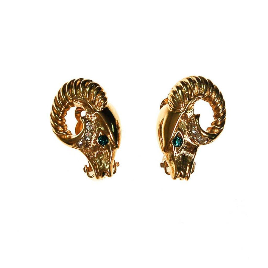 KJL Gold Ram Earrings, Clip-On by KJL for Avon - Vintage Meet Modern Vintage Jewelry - Chicago, Illinois - #oldhollywoodglamour #vintagemeetmodern #designervintage #jewelrybox #antiquejewelry #vintagejewelry