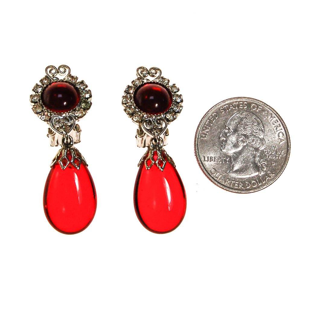 Red Crystal and Rhinestone Earrings, Clip On, Dangling Drop by unsigned - Vintage Meet Modern Vintage Jewelry - Chicago, Illinois - #oldhollywoodglamour #vintagemeetmodern #designervintage #jewelrybox #antiquejewelry #vintagejewelry