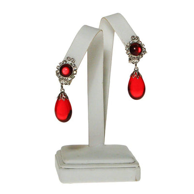 Red Crystal and Rhinestone Earrings, Clip On, Dangling Drop by unsigned - Vintage Meet Modern Vintage Jewelry - Chicago, Illinois - #oldhollywoodglamour #vintagemeetmodern #designervintage #jewelrybox #antiquejewelry #vintagejewelry